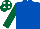 Royal blue, dark green sleeves, dark green cap, white spots