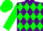 Purple and green diamonds, purple and green half sleeves, green cap