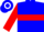 Blue, white 'rv', red hoop on sleeves