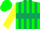 green, dark green hoop and stripes, yellow sleeves, green cap