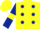 Yellow, dark blue spots, dark blue sleeves, yellow armlets
