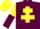 Maroon, yellow cross of lorraine, yellow and maroon halved sleeves, yellow cap