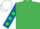 Emerald green, royal blue sleeves, green dots on white cap