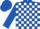 Royal blue and white blocks, fuchsia band on royal blue sleeves, royal blue cap