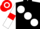 Black, large white spots, white sleeves, red armlets, red and white hooped cap
