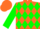 Orange, green diamonds, orange band on green sleeves