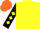 Yellow, black sleeves, yellow diamonds, orange cap