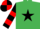 Emerald green, black star, black and red hooped sleeves, quartered cap