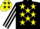 Black, yellow stars, black and white striped sleeves