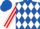Royal blue and white diamonds, white and red striped sleeves, royal blue cap