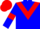 Blue body, red chevron, blue arms, red armlets, red cap