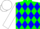 Green, blue diamonds, black 'cb' on white sleeves, white cap