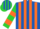 Royal blue, lime green and shocking orange stripes, lime green and shocking orange bars on sleeves