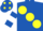 Royal blue, large yellow spots, white & royal blue hooped sleeves, royal blue cap, yellow spots