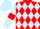 Red and light blue diamonds, light blue sleeves, red armlets, light blue cap