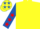 Yellow, royal blue sleeves, red stars and cap