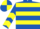 Royal blue, yellow hoops, yellow chevrons on sleeves, quartered cap