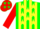 Green,red 'tnt' on yellow box, red&yellow stripes,green&yellow stars on red sleeves