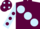 Maroon, large light blue spots, light blue sleeves, maroon spots, maroon cap, light blue spots