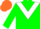 Green body, white chevron, green arms, orange cap