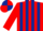 Red body, dark blue striped, red arms, red cap, dark blue quartered