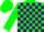 Green and purple blocks, purple and green sleeves, green cap