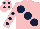 Pink, large dark blue spots, dark blue spots on sleeves, pink cap, dark blue spots
