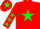 Red body, green star, red arms, green stars, red cap, green star