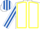 White, yellow seams, white and royal blue striped sleeves and cap