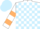 White and light blue blocks, white sleeves, beige hoop, light blue cap