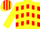 Neon yellow, aqua and red chevrons, aqua, red, and neon yellow stripes on sleeves