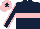 Dark blue, pink hoop, pink seams on sleeves, pink cap, dark blue star