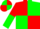 Red body, green quartered, red arms, green halved, red cap, green quartered