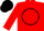 Red, black 'bjb' in black circle, black stripe on red sleeves, red and black cap