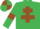 Emerald green, brown cross of lorraine and armlets, quartered cap