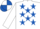 White, royal blue stars, white sleeves, quartered cap