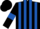 Black and royal blue stripes, black sleeves, royal blue armlets, black cap
