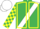 Emerald green, white sash, yellow seams, emerald green and yellow check sleeves, white cap with pom pom