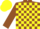 Brown and yellow blocks, brown sleeves, yellow cuffs, yellow cap, brown button