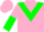 Pink, green triangular panel, pink and green halved sleeves, pink cap