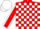 Red and white blocks, red sleeves, white seams, red and white cap