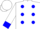 White, blue polka dots, blue cuffs