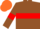 Brown body, red hoop, brown arms, red armlets, orange cap