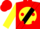 Red, black musical note in yellow ball on yellow and black sash, red dots on yellow sleeves, red cap