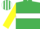 Emerald green, white hoop, yellow sleeves, emerald green and white striped cap