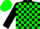 Black, green blocks, black sleeves, green cap
