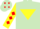 Light green, yellow inverted triangle, yellow sleeves, red diamonds and cap