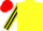 Yellow body, red arms, black striped, red cap, black striped