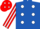 Royal blue, white spots, red & white striped sleeves, red cap, white diamonds