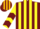Burgundy and yellow stripes, yellow sleeves, burgundy chevrons, burgundy cap, gold stripes